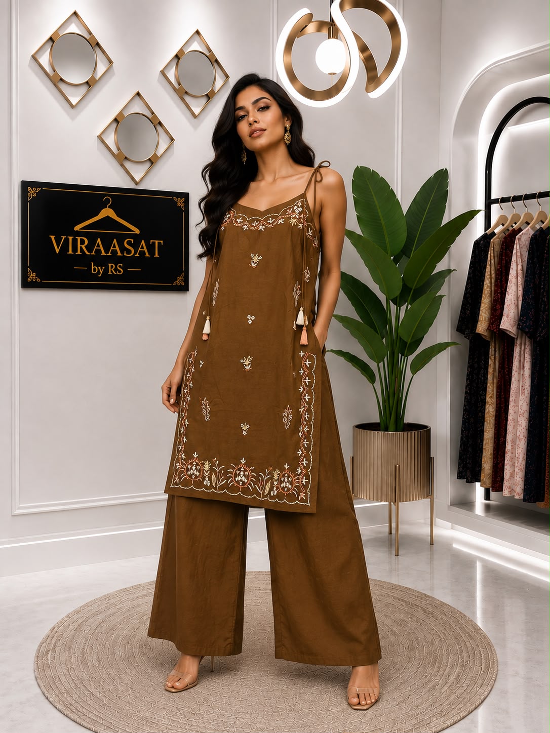 VS-187 Zaira Mocha Embroidered Spaghetti Coord Set