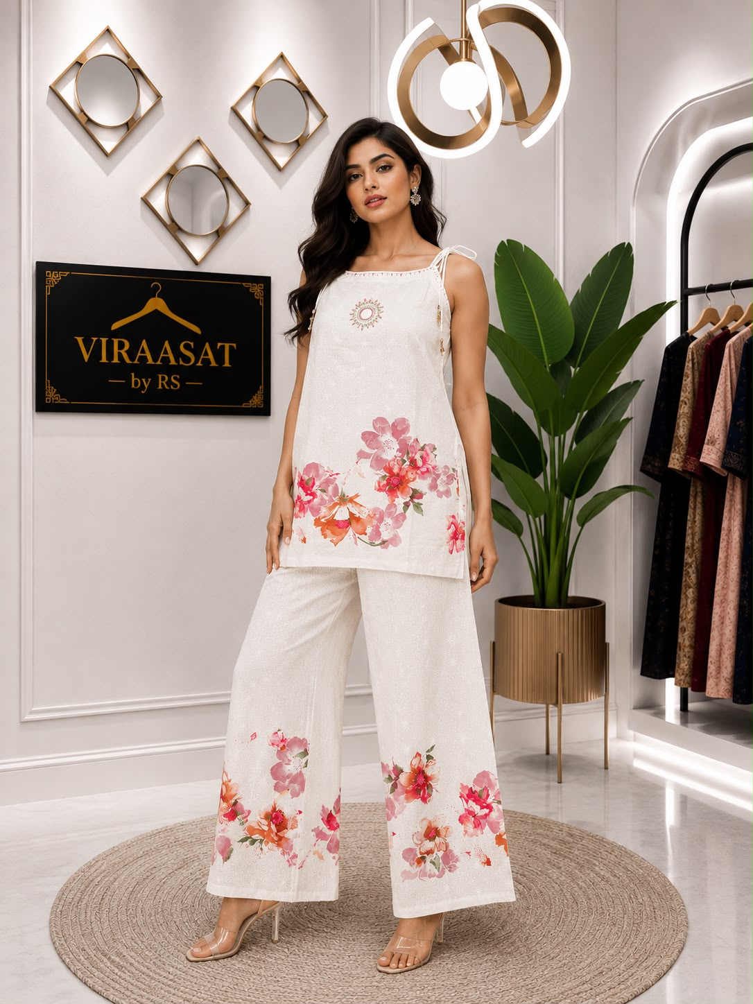 VS-184 Gulnaar Ivory Floral Spaghetti Coord Set
