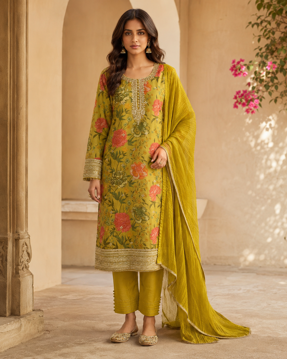 Olive Green Floral Printed Suit Set
