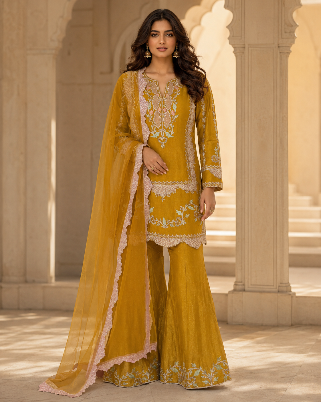 Mustard Yellow Chanderi Silk Embroidered Gharara Set