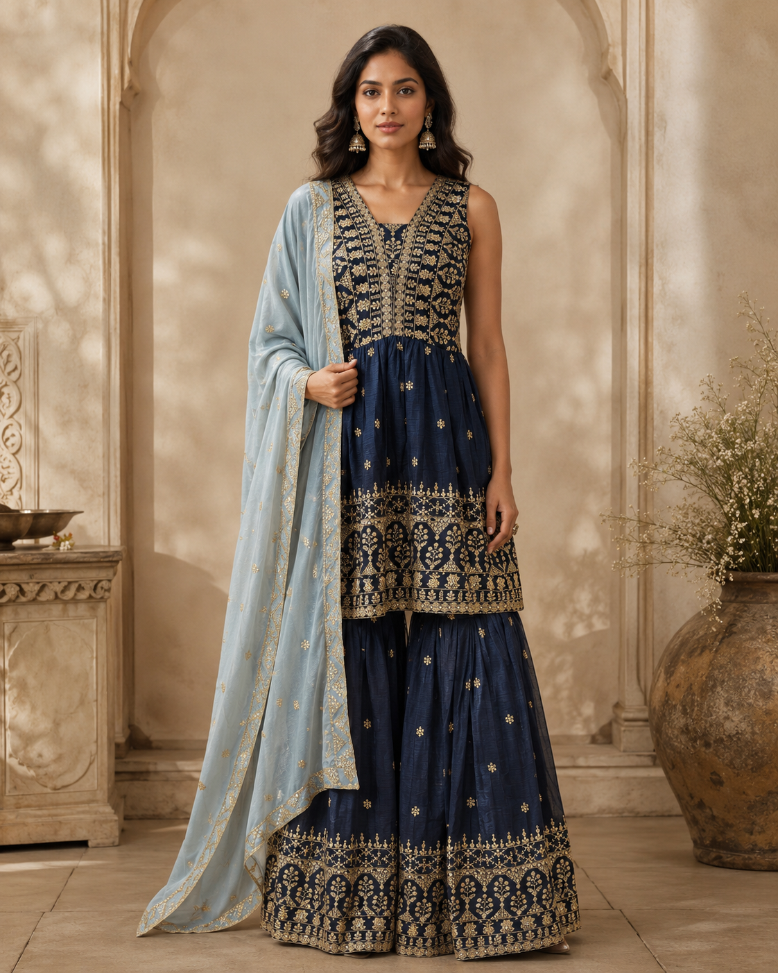Navy Blue Embroidered Gharara Set