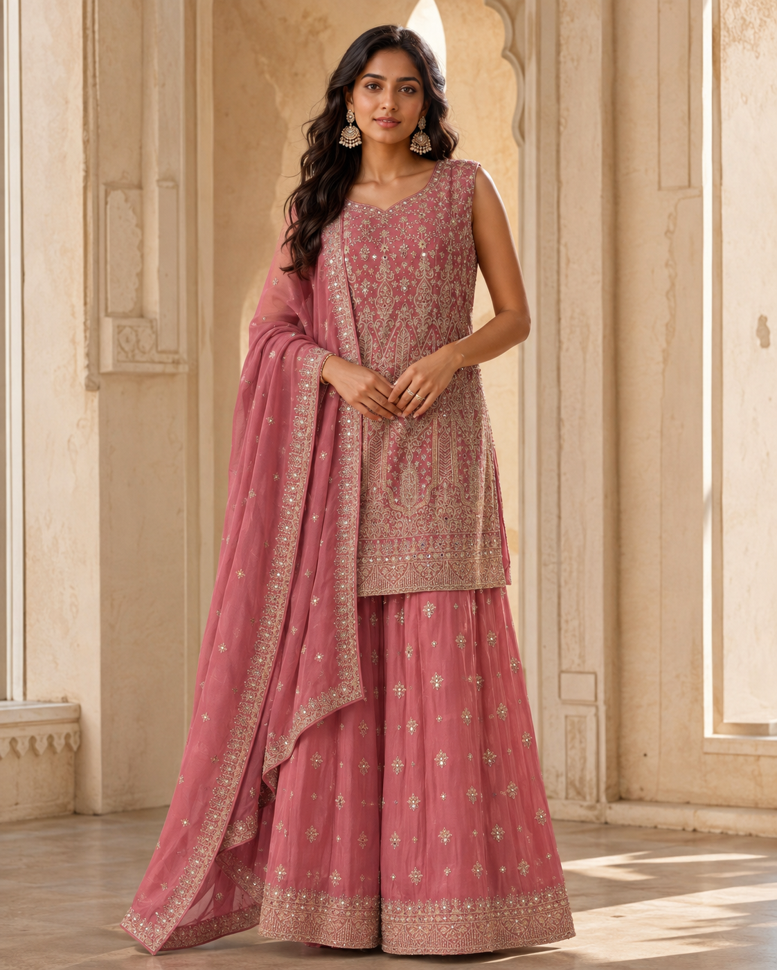 Sleeveless Embroidered Dusty Rose Sharara Set
