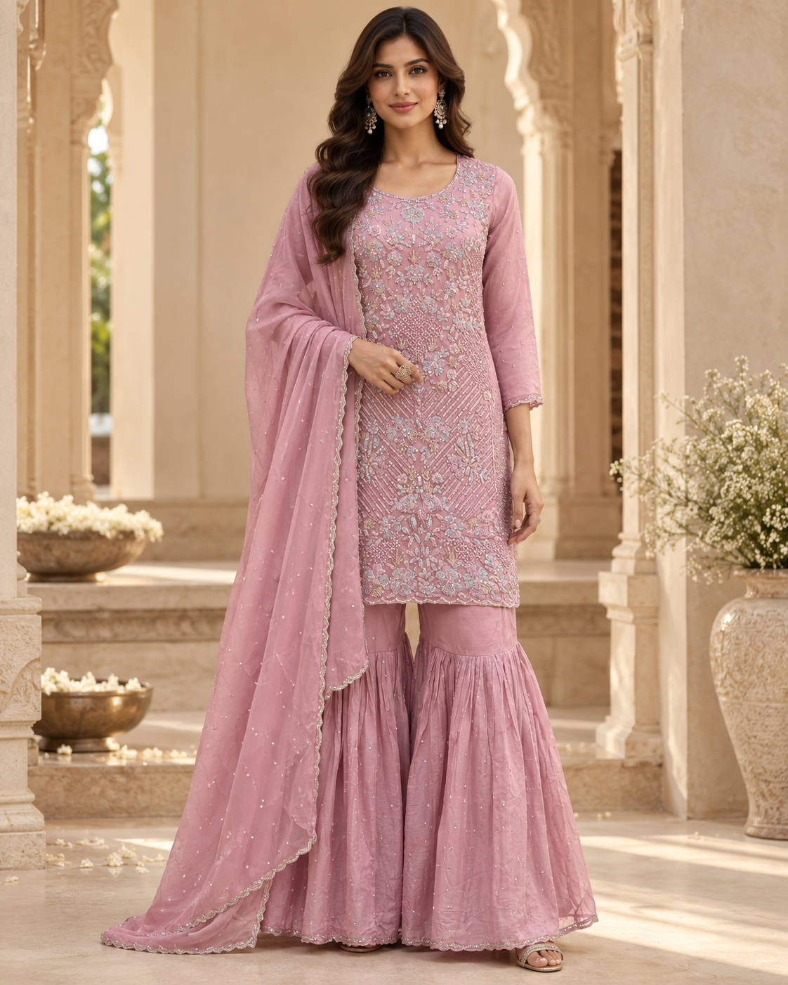 Embellished Dusty Pink Sharara Suit Set