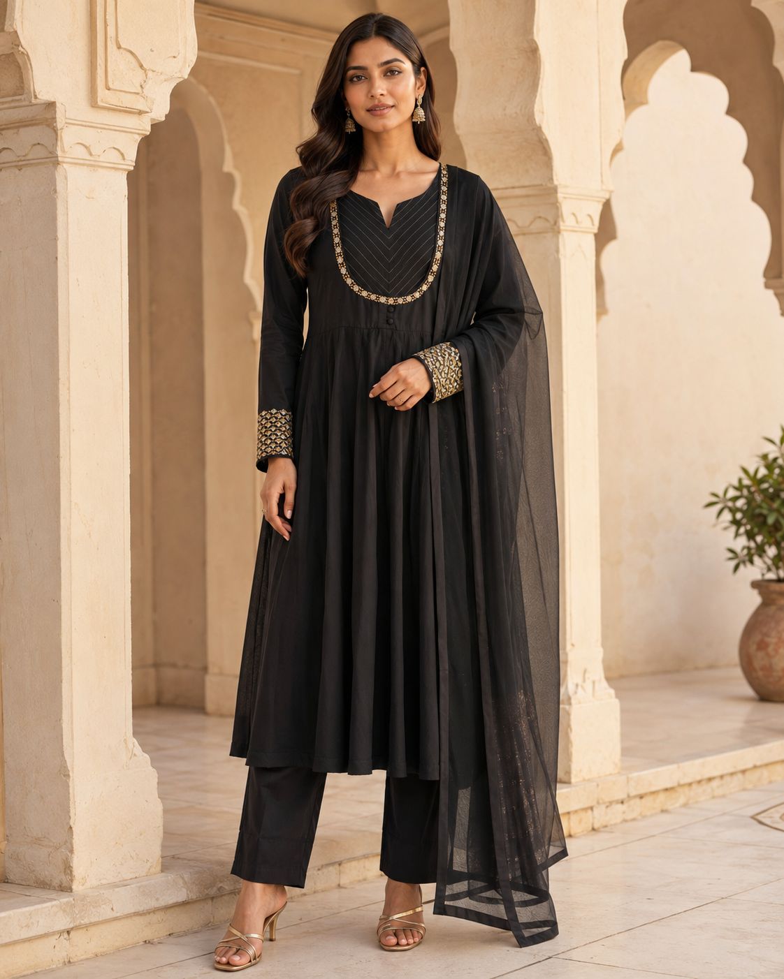 Gold Trimmed Flared Anarkali Suit Set