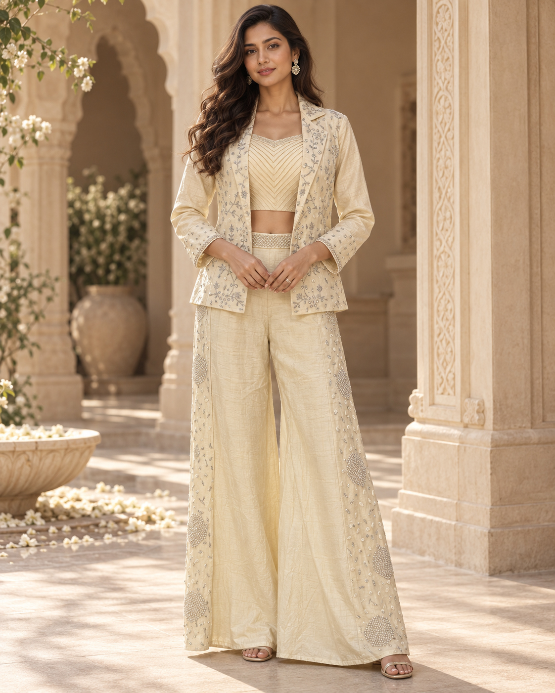 Embroidered Blazer, Crop Top and Trouser Set