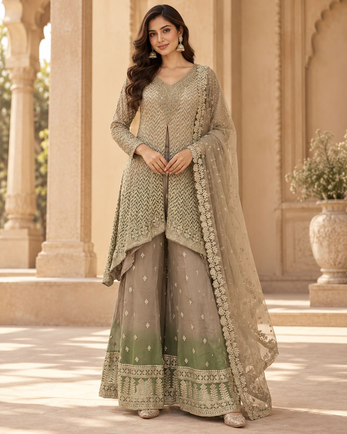 Embroidered Slit Kurta and Flared Ombre Palazzo Set