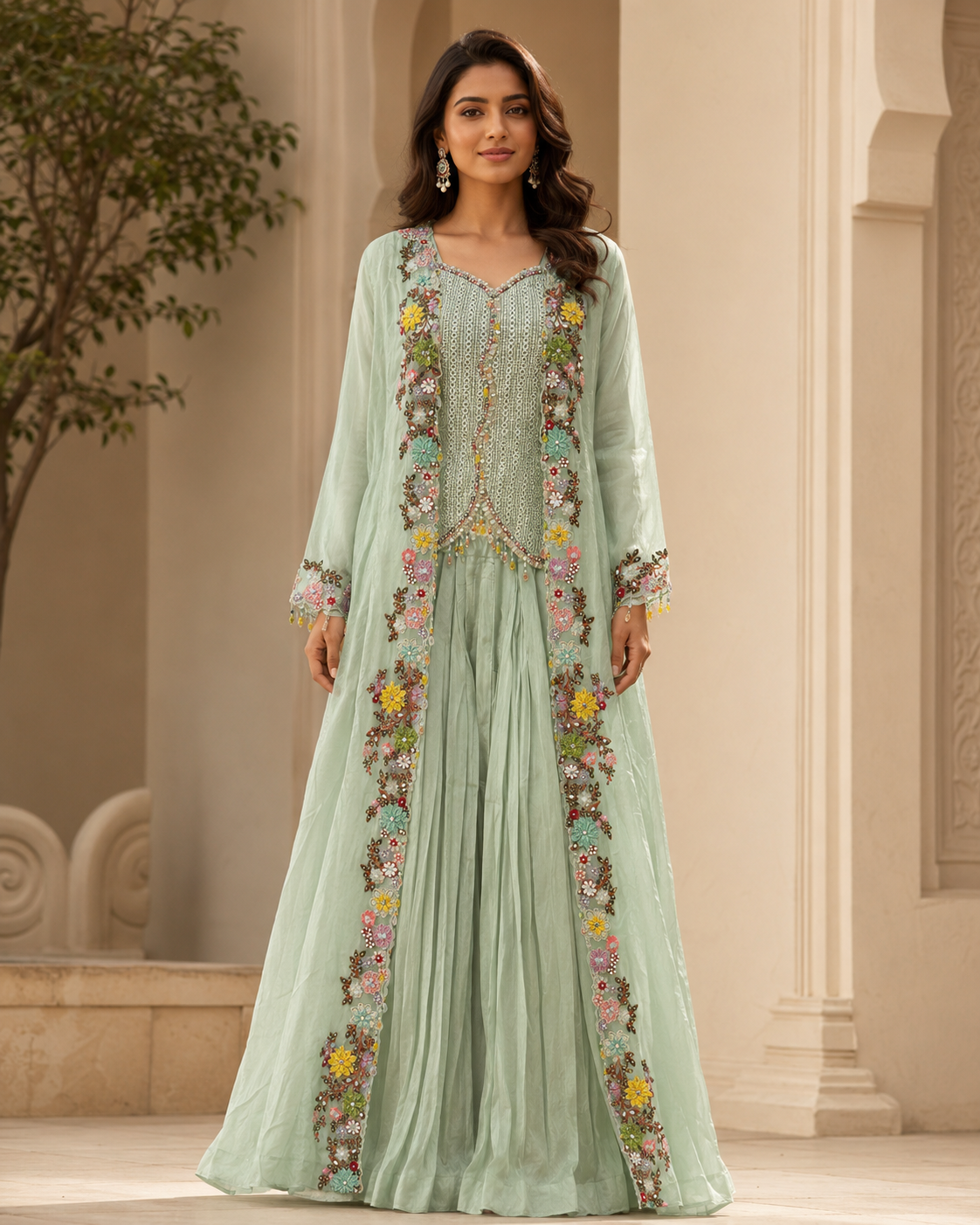 Sage Green Embroidered Long Jacket Set