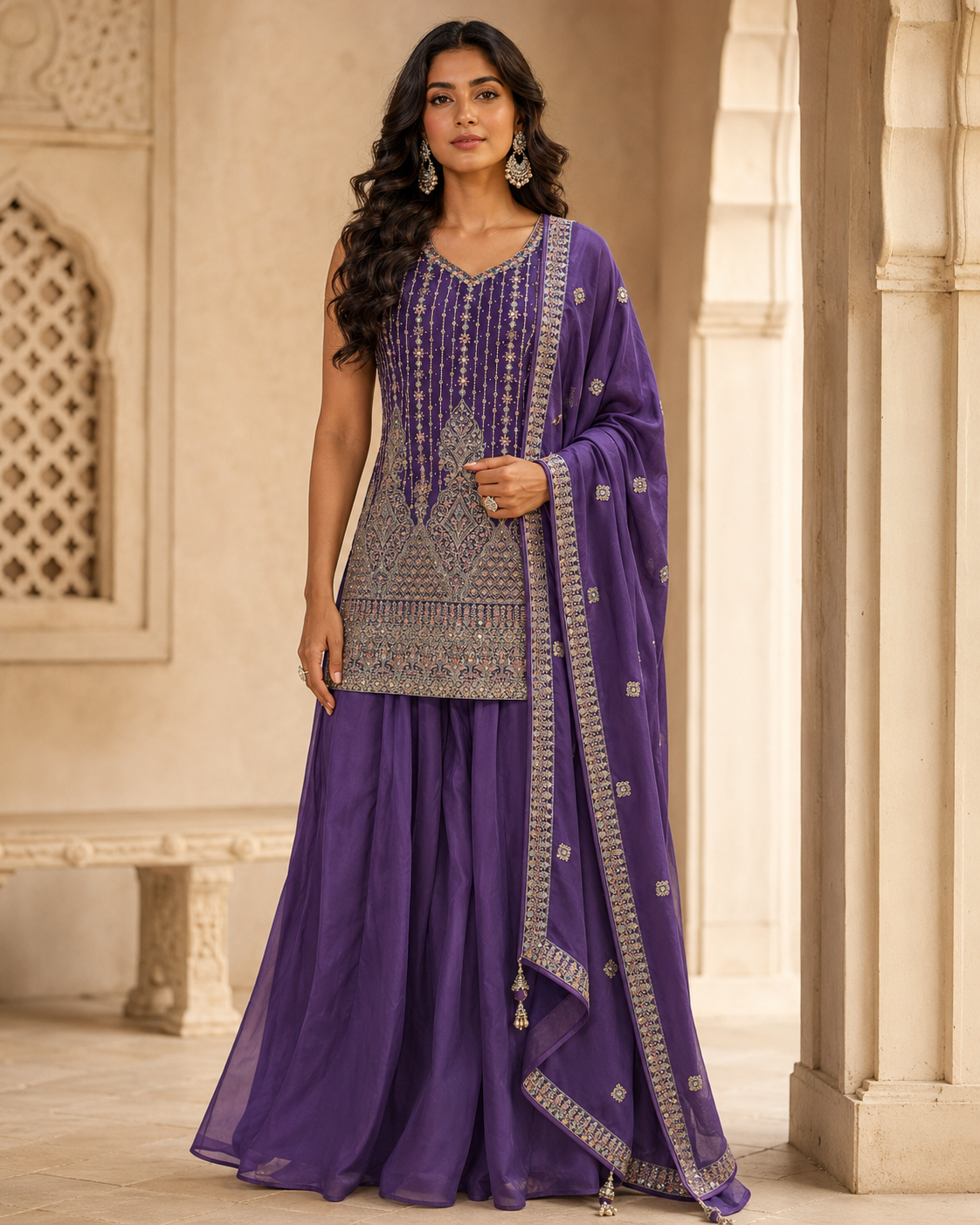 Royal Purple Embroidered Gharara Set