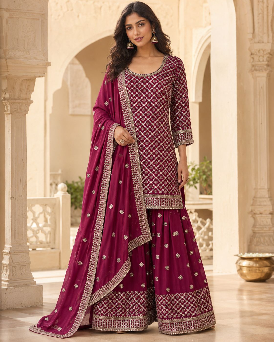 Geometric Pattern Embroidered Sharara Set