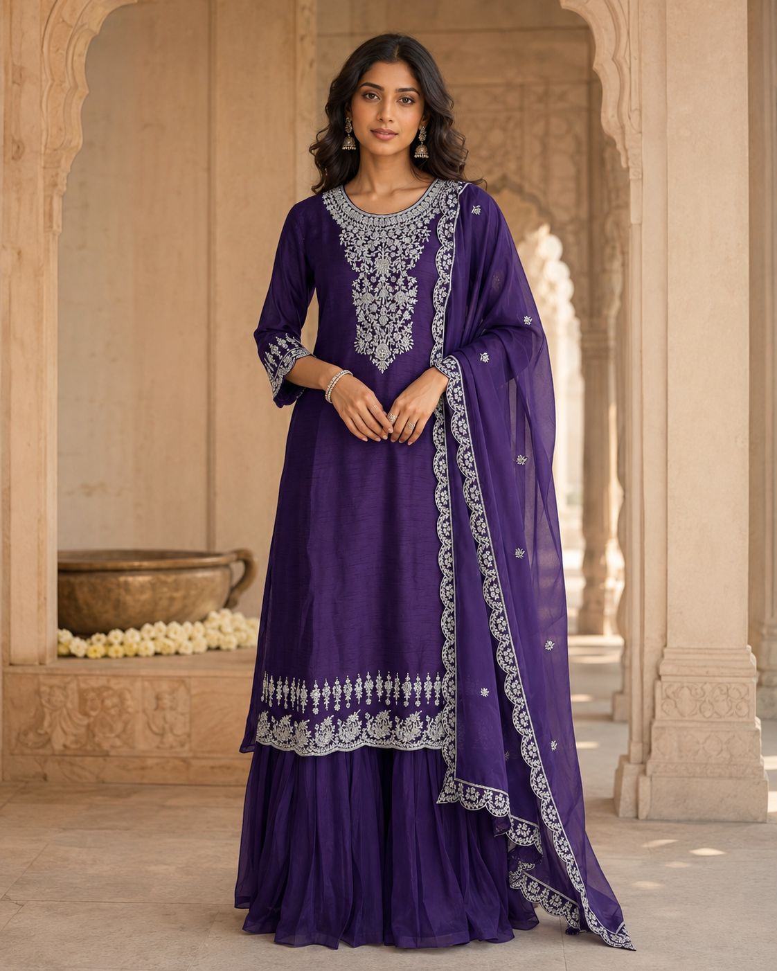 Silver Embroidered Purple Gharara Set