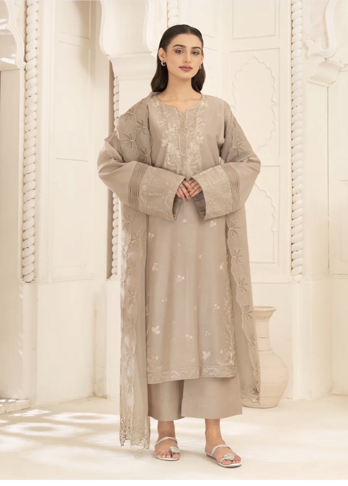 Muted Beige Embroidered Chiffon & Silk Suit Set with Cutwork Dupatta