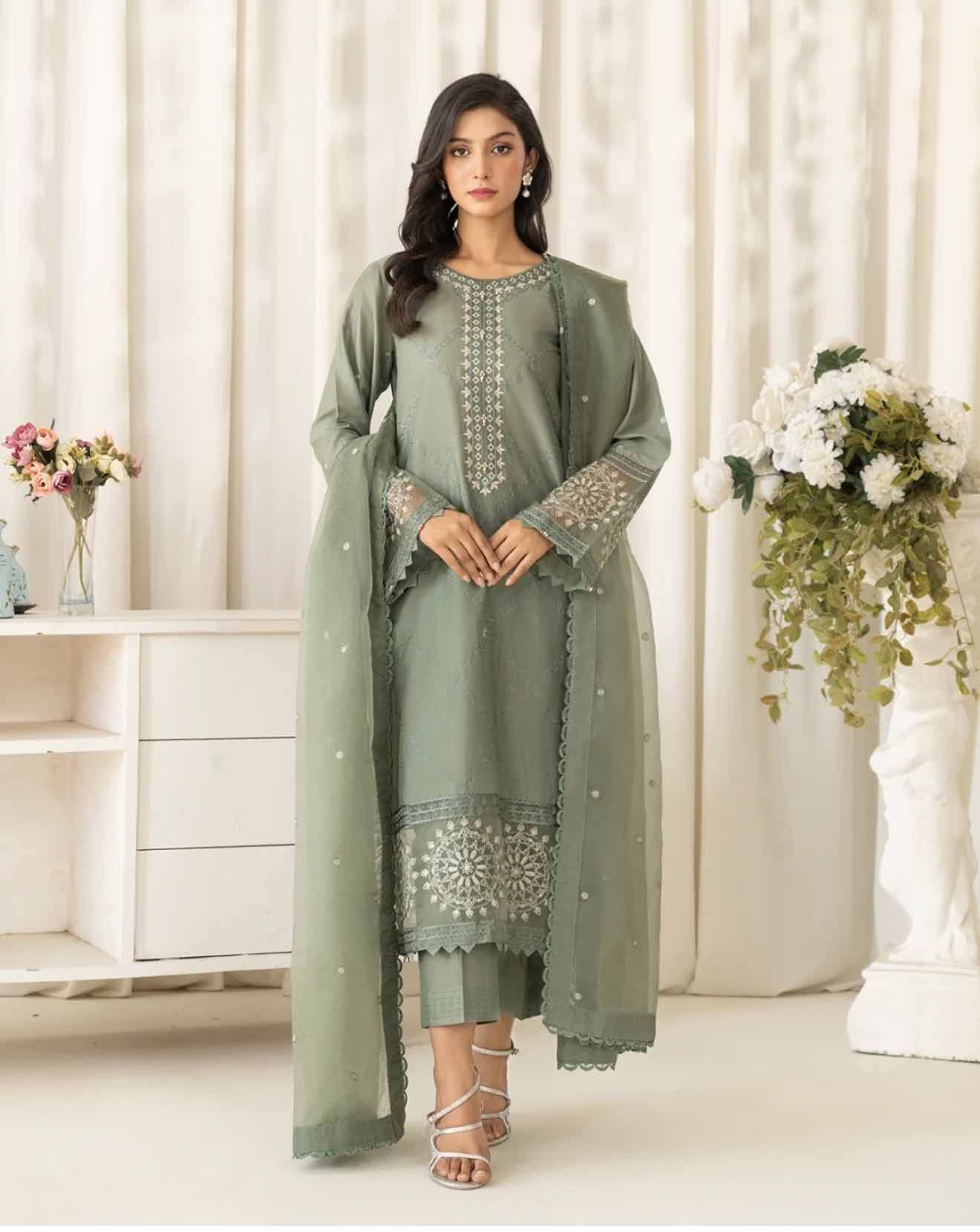 Sage Serenity — Embroidered Chiffon Ensemble