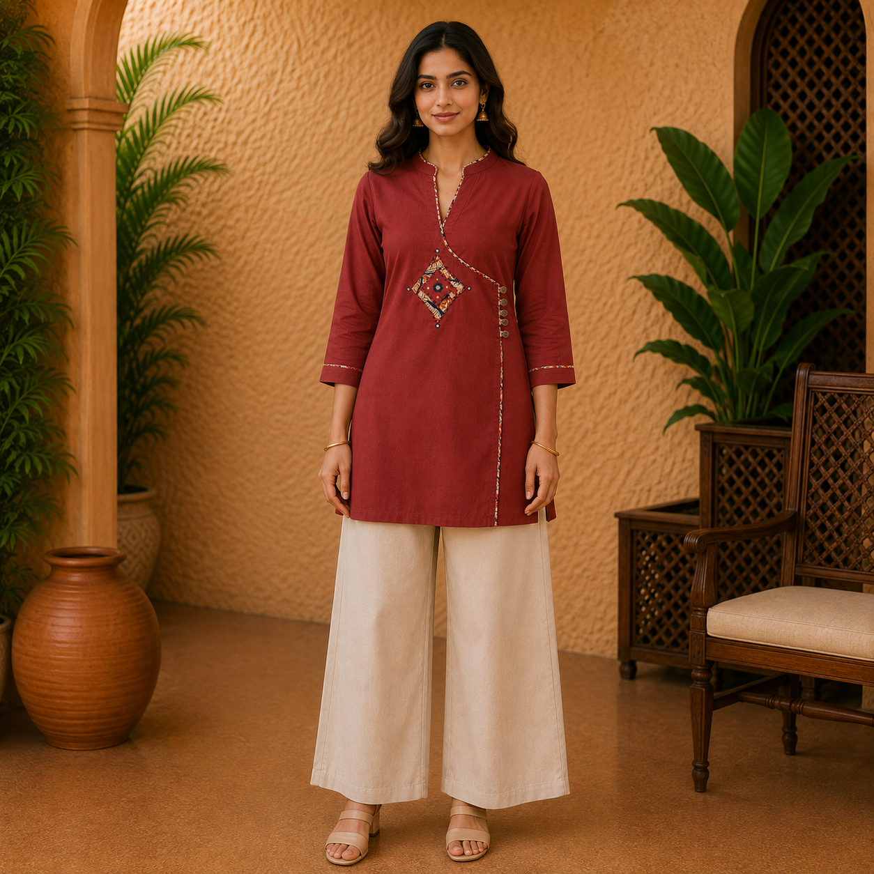 Rust Red Embroidered Short Kurti