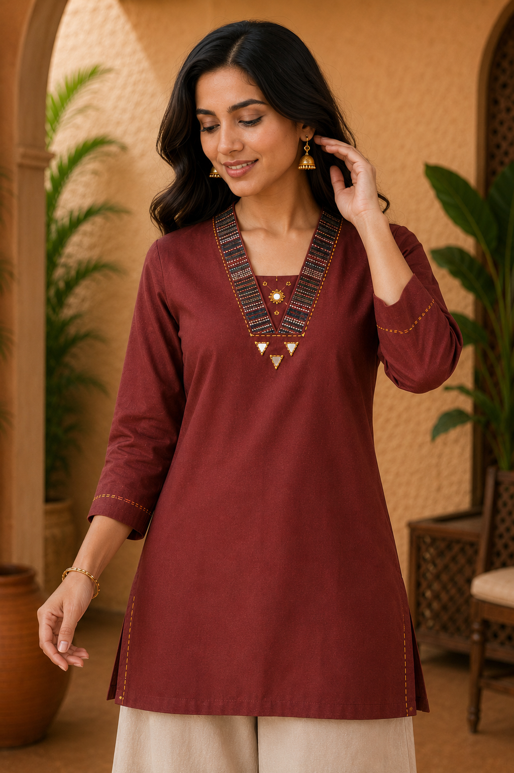 Maroon Patterned Short Kurti