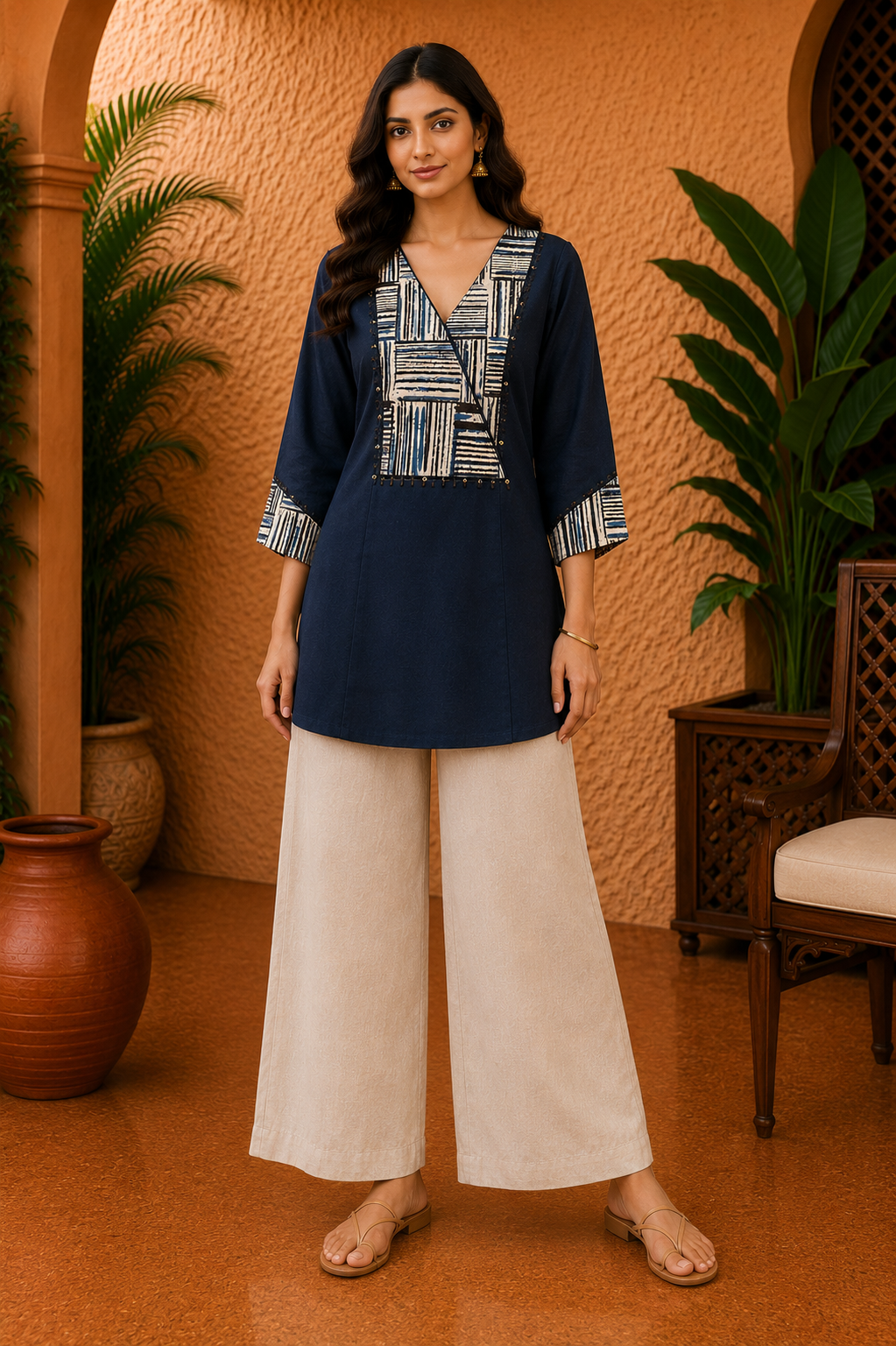 Navy Blue Patterned Panel Short Kurti