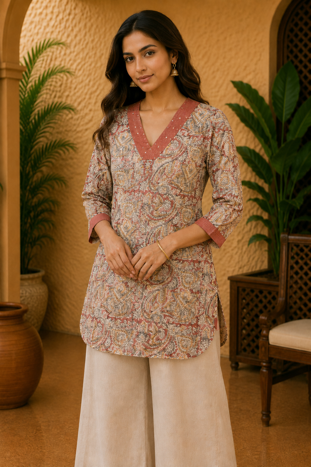 Paisley Print V-Neck Short Kurti