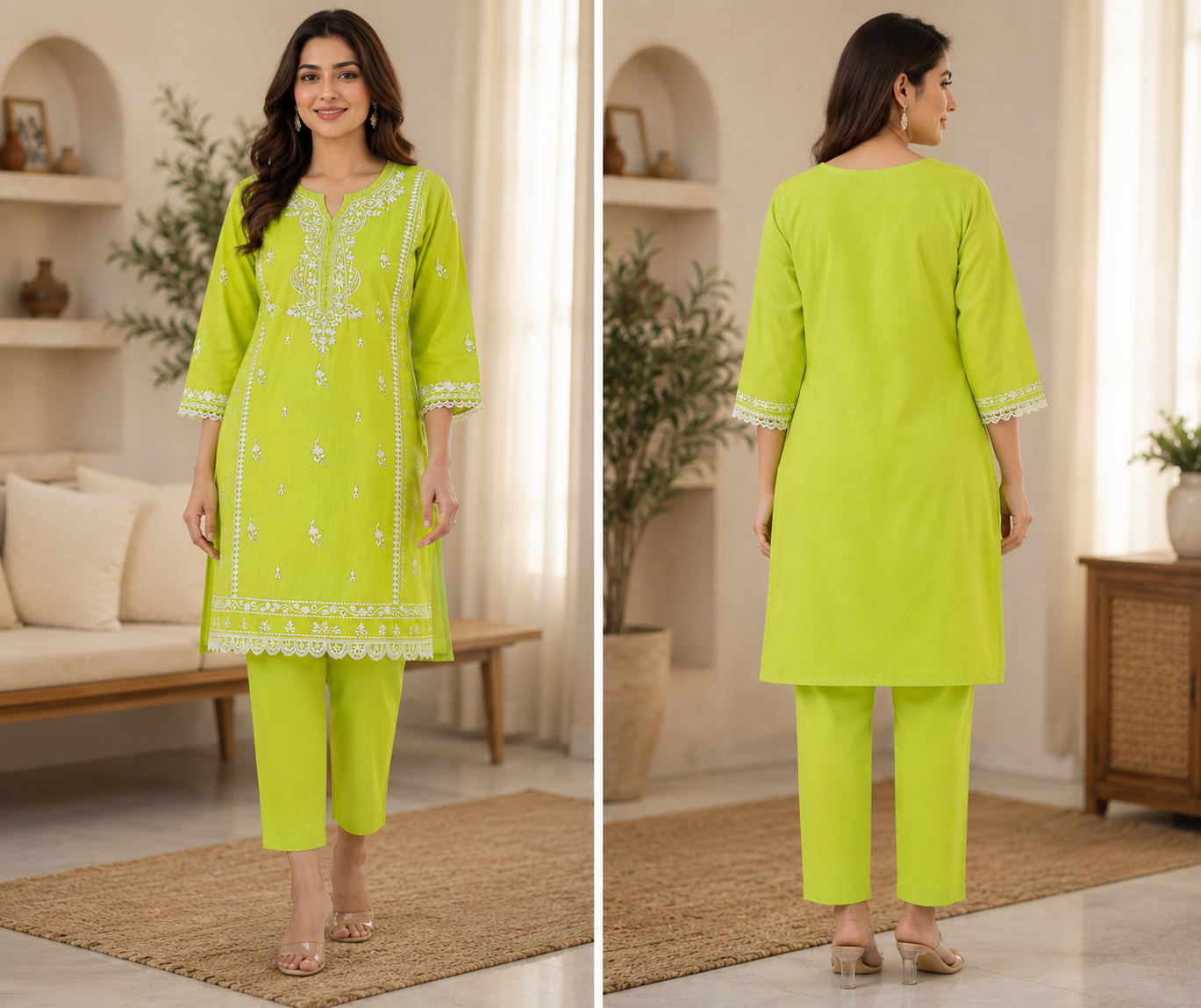 Lime Green Embroidered Co-ord Sets