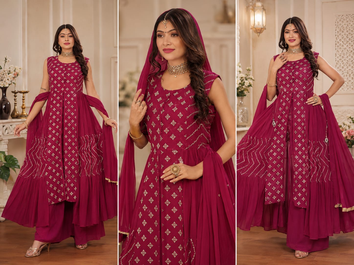 Foil Printed Magenta Flared Suit Set with Dupatta