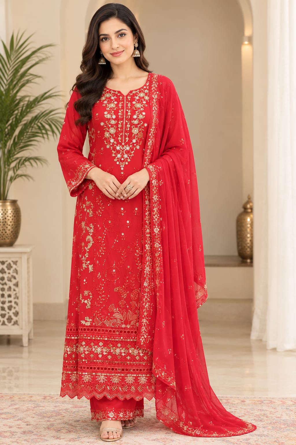Elegant Red and Gold Embroidered Salwar Kameez Suit Set
