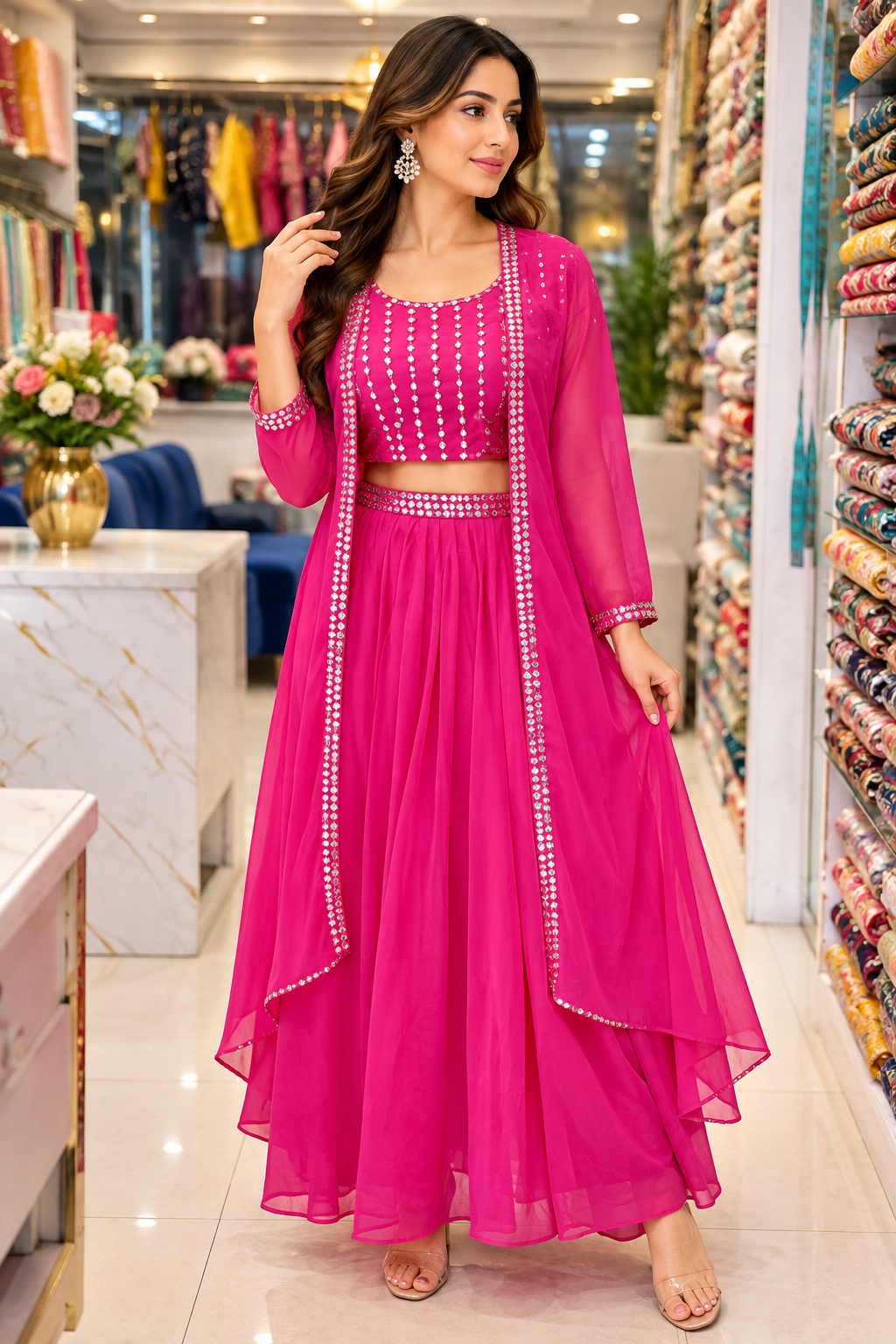 Vibrant Fuchsia Pink Three-Piece Lehenga Set with Mirror-Embellished Shrug