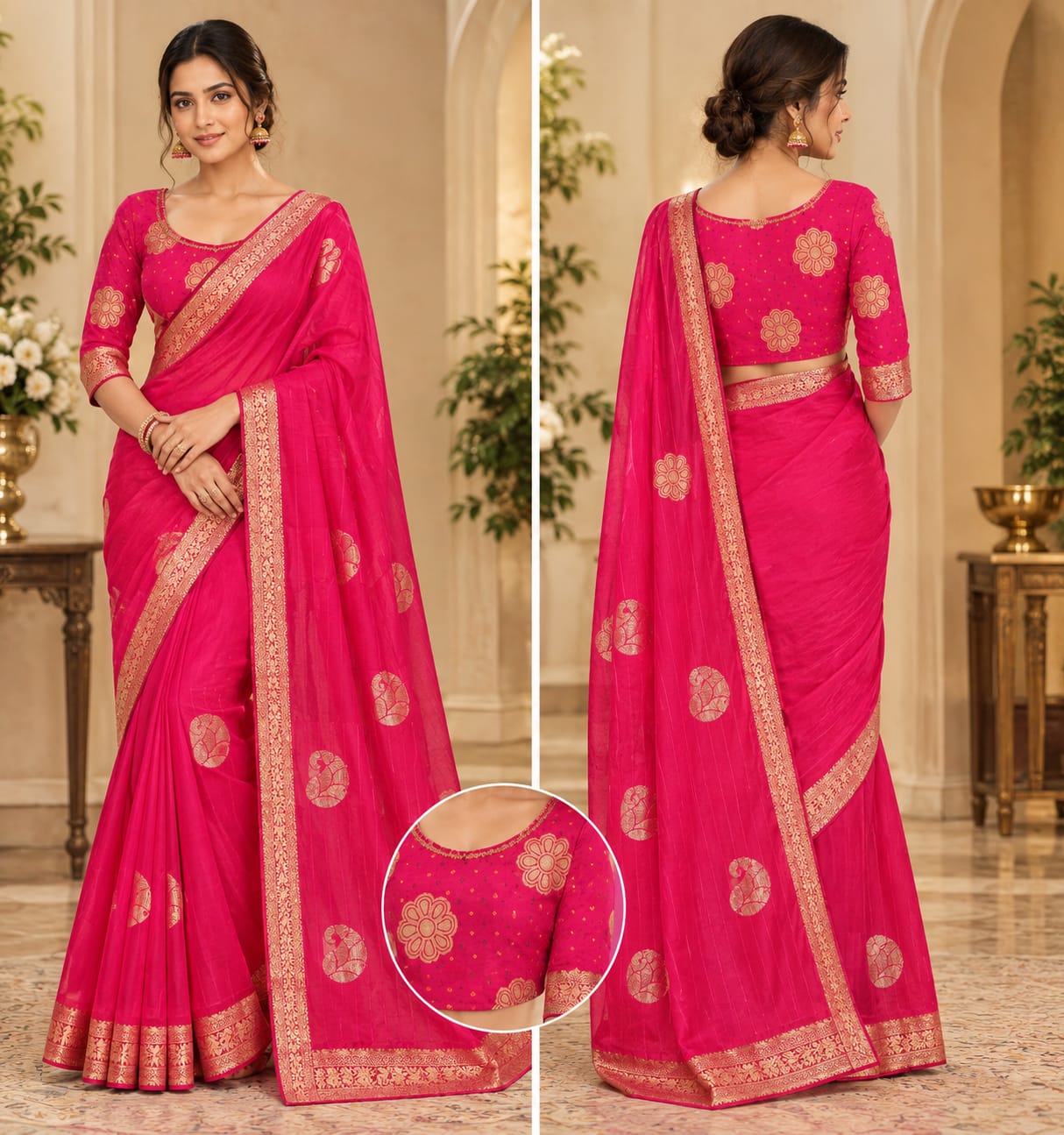 Fuchsia Pink Saree with Gold-Toned Floral Motifs and Border