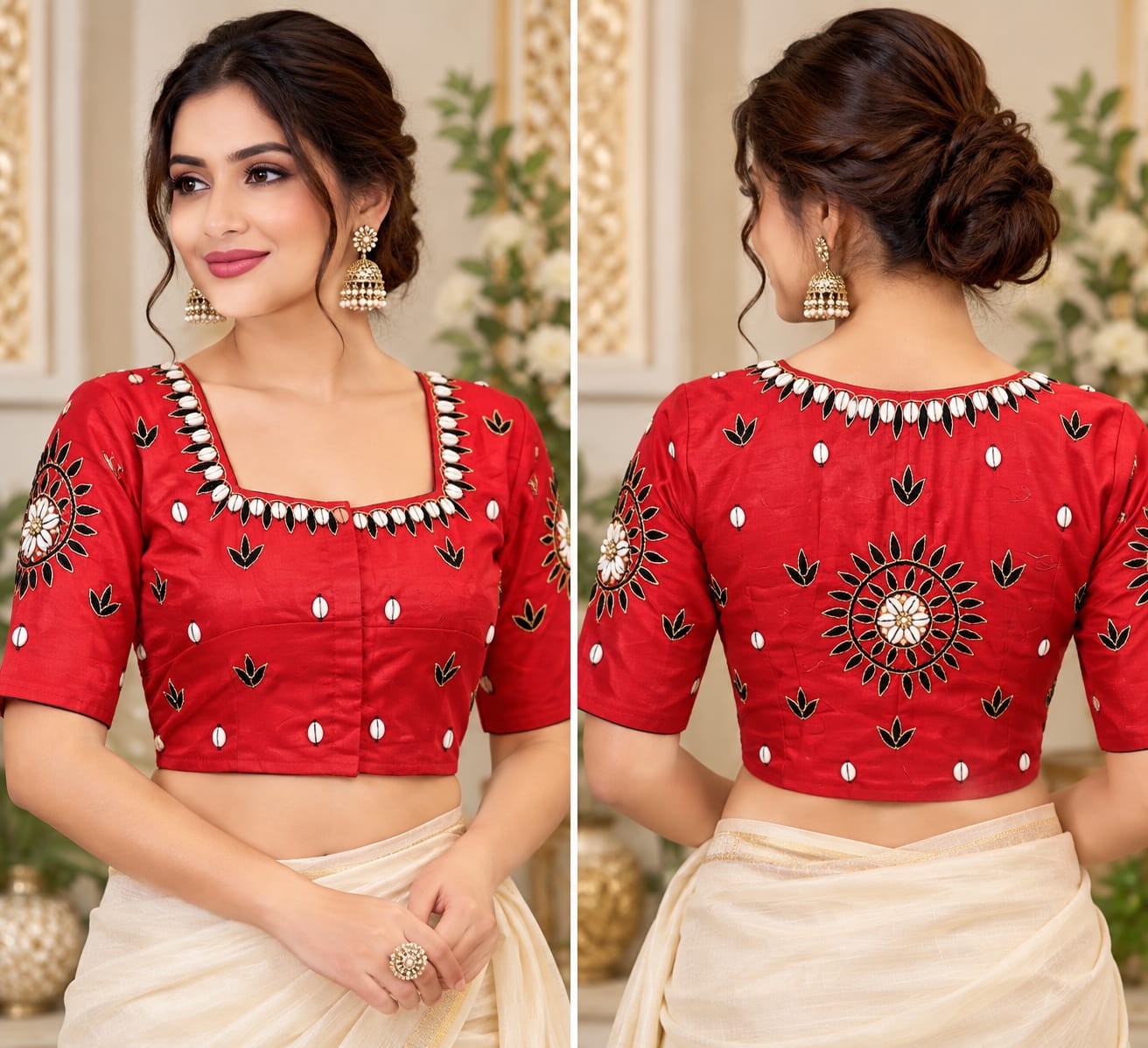 Red Embroidered Saree Blouse with Cowrie Shell Details