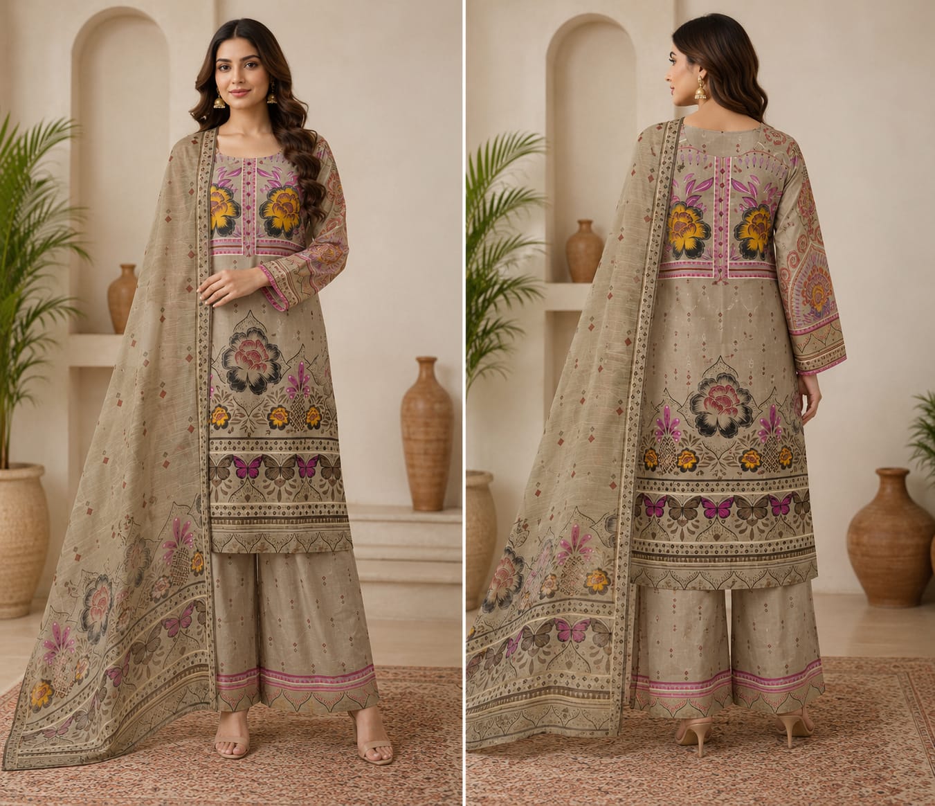 Beige Floral and Butterfly Printed Suit Set