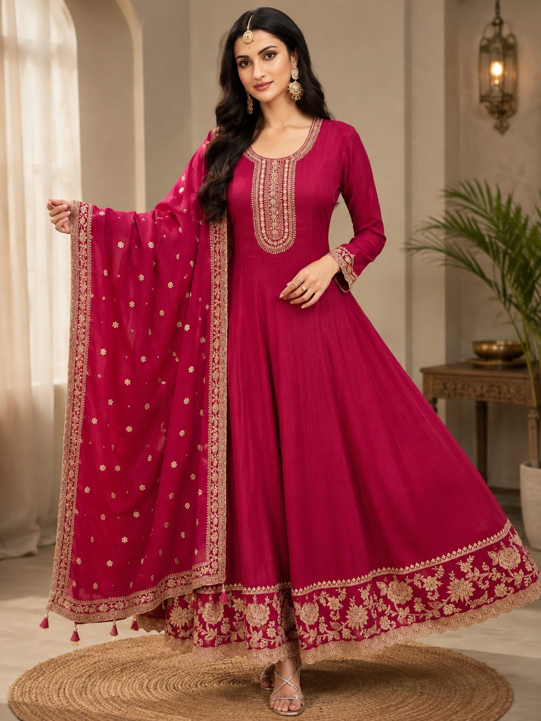 Elegant Magenta Anarkali Suit Set with Embroidered Dupatta