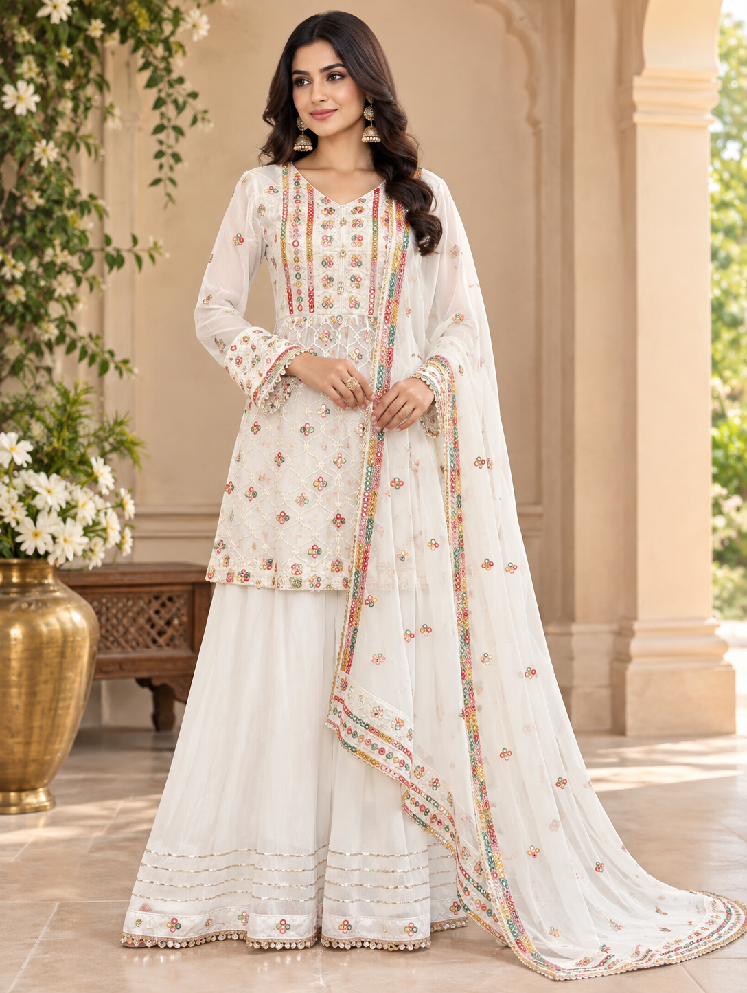 Ivory Embroidered Sharara Suit with Multi-Colored Accents