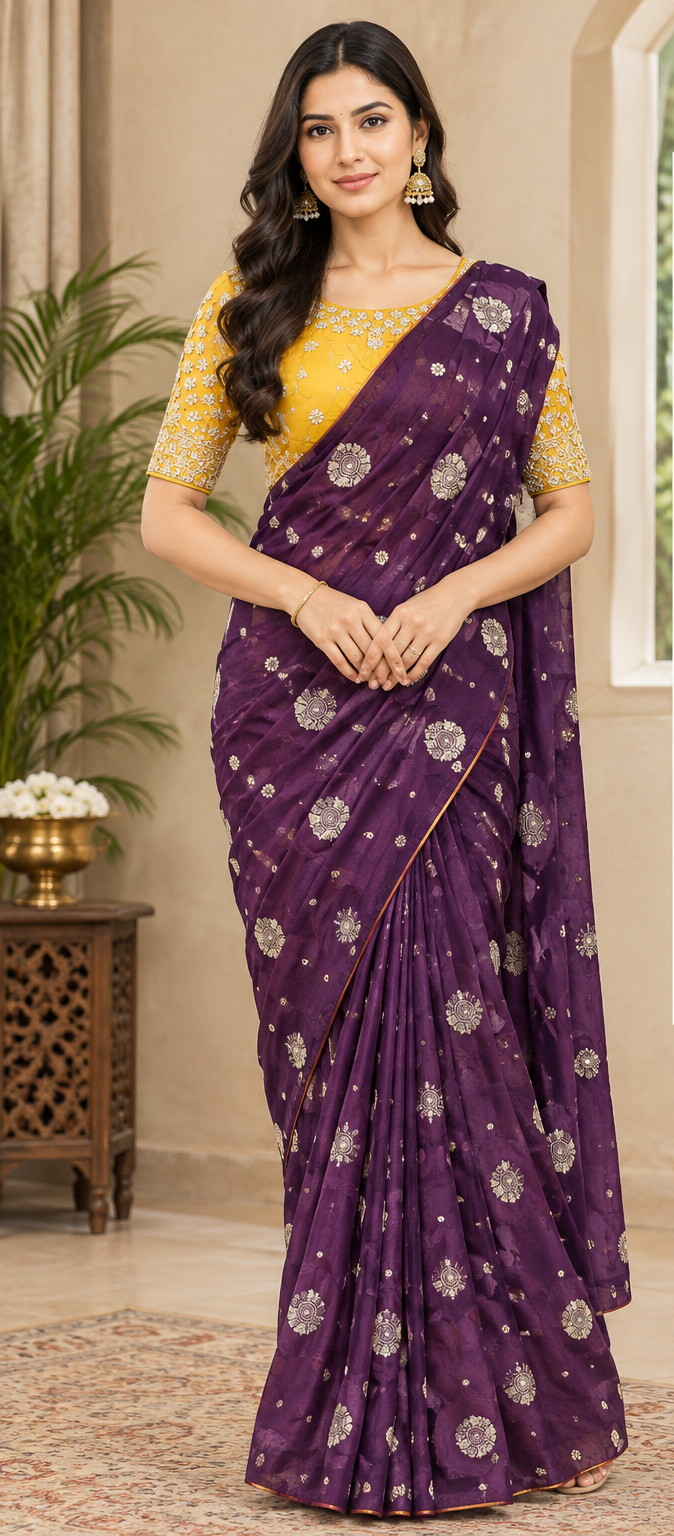 Elegant Purple Saree with Embroidered Yellow Blouse