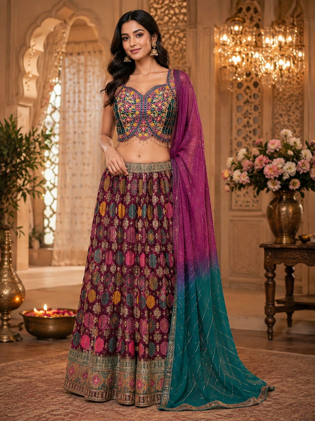 Embroidered Multicolor Lehenga Choli with Ombre Dupatta