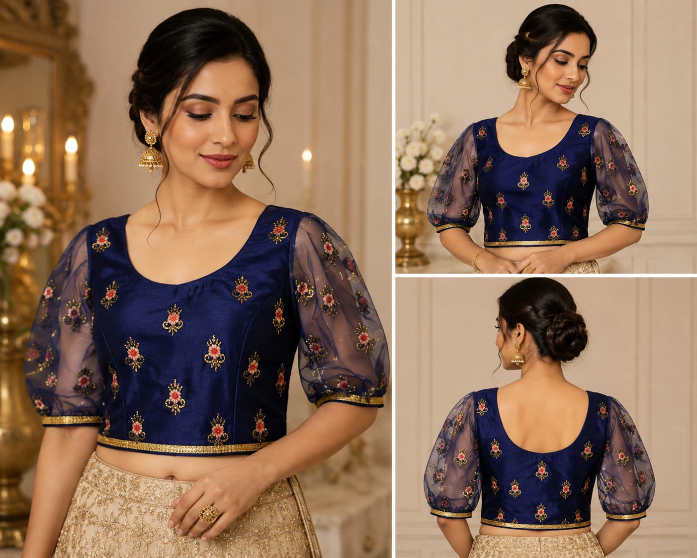 Sheer Puff Sleeve Embroidered Blouse