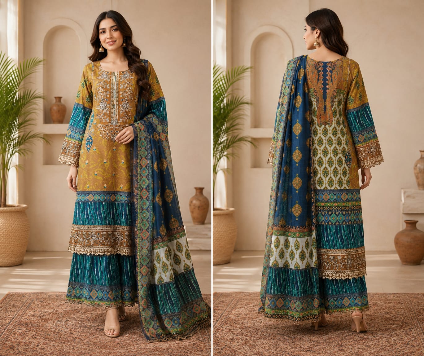Mustard and Teal Printed Sharara Suit Set