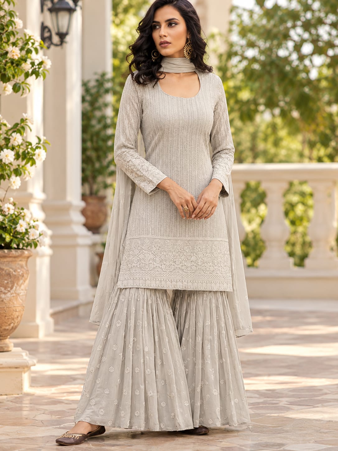Elegant Light Grey Embroidered Kurta and Sharara Set with Dupatta