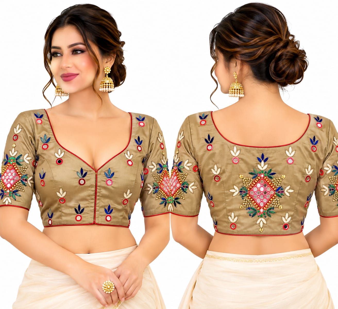 Embroidered Beige Saree Blouse with Mirror Work