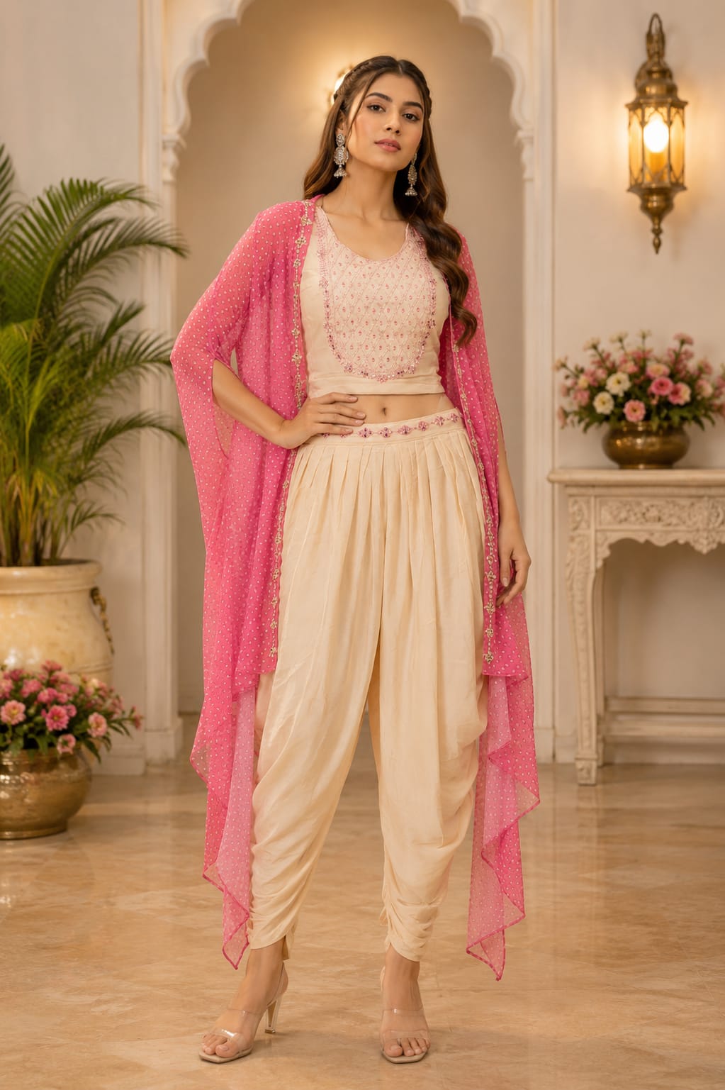 Dhoti Pants and Embroidered Crop Top Set with Cape (new)