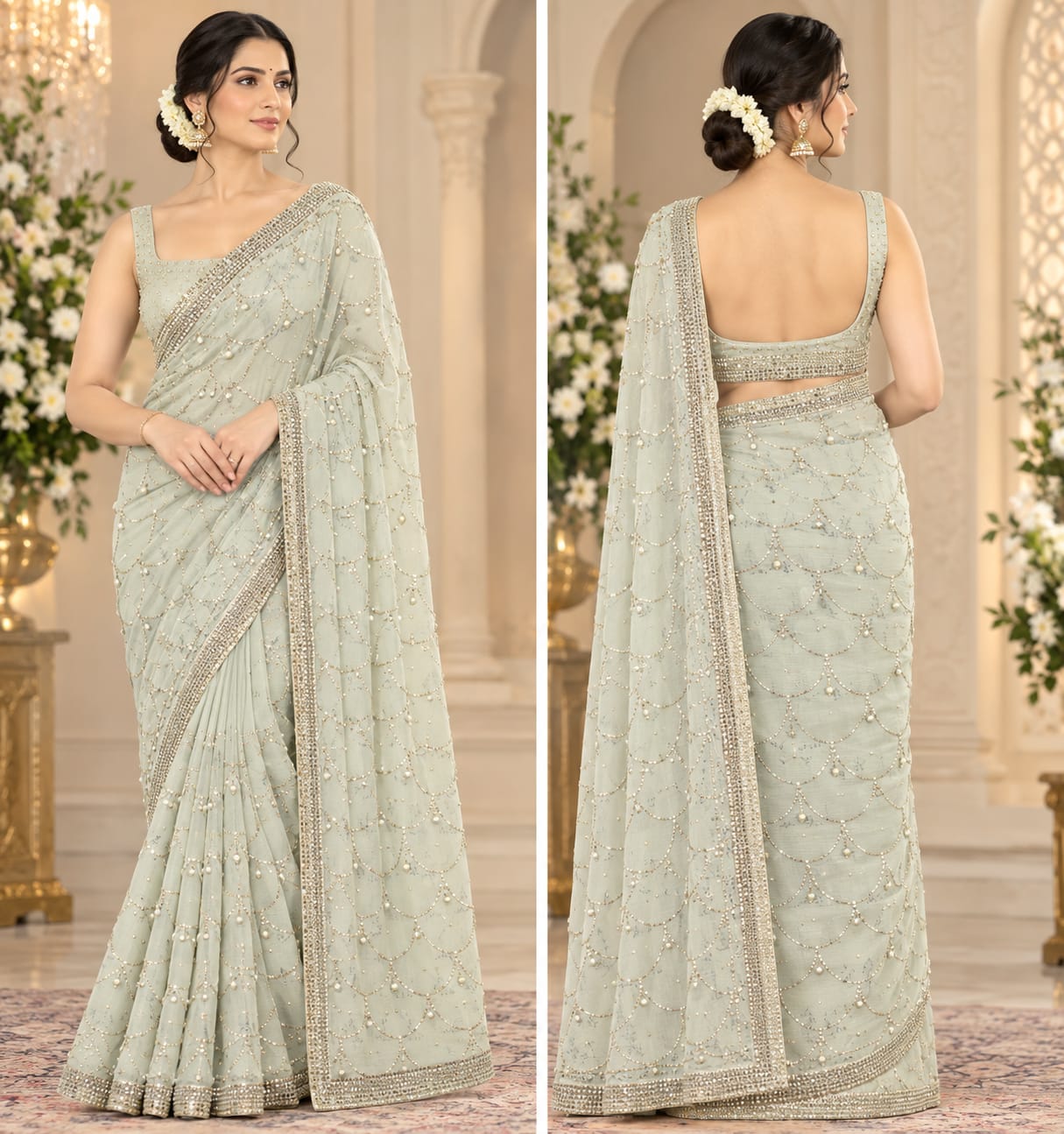 Georgette Embellished Mint Green Saree with Pearl Work