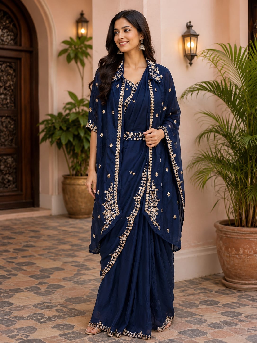 Navy Blue Embroidered Pre-Draped Saree Outfit with Collared Shrug