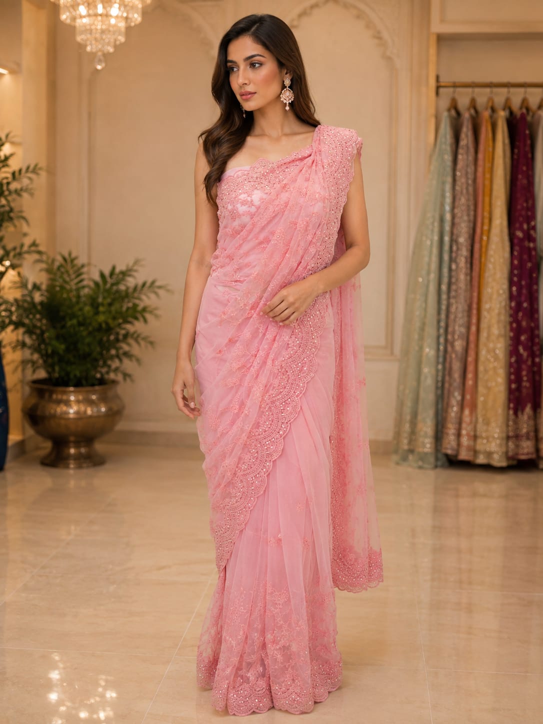 Baby Pink Embroidered Saree