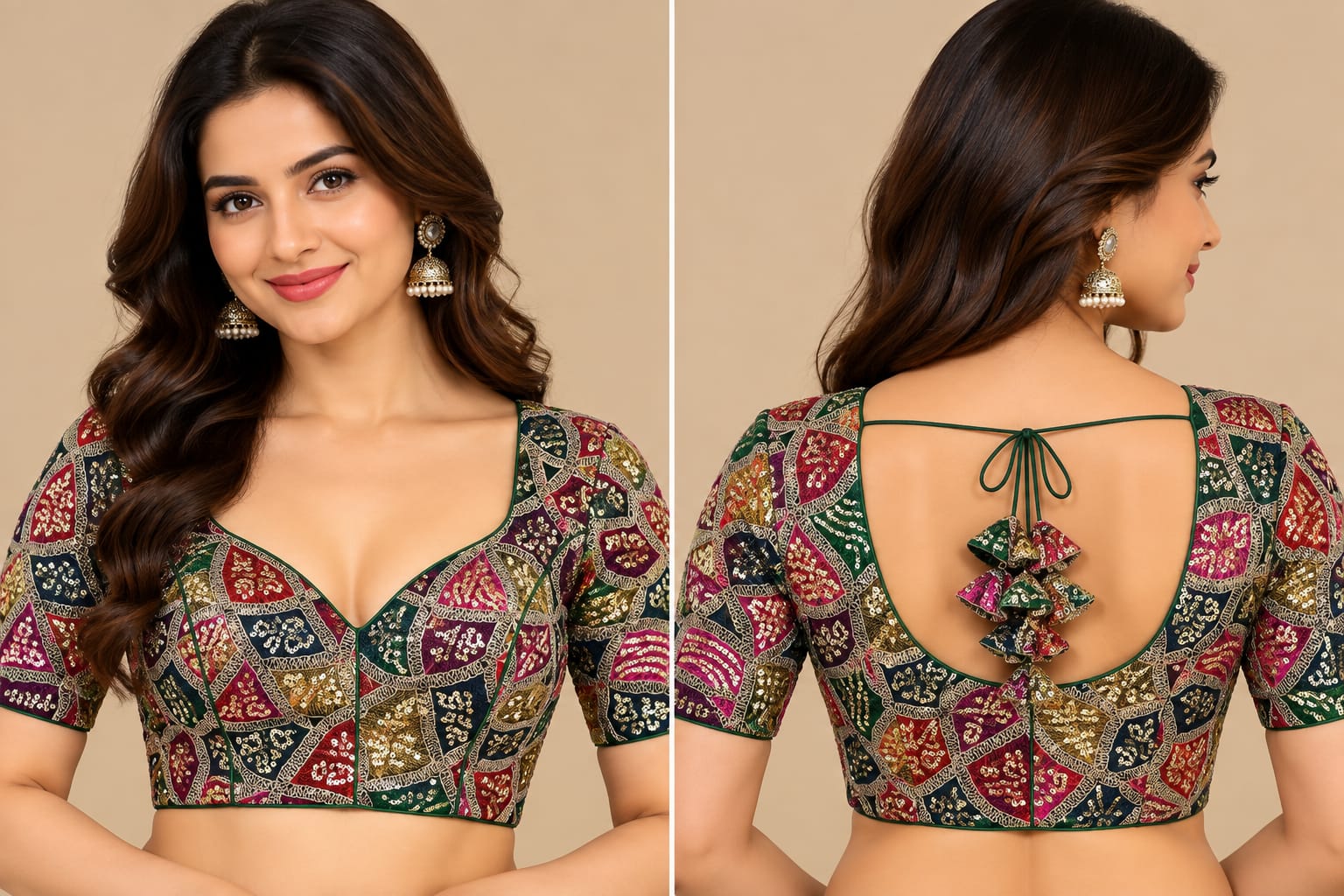 Multi-Color Sequined Geometric Embroidered Saree Blouse with Tie-Back