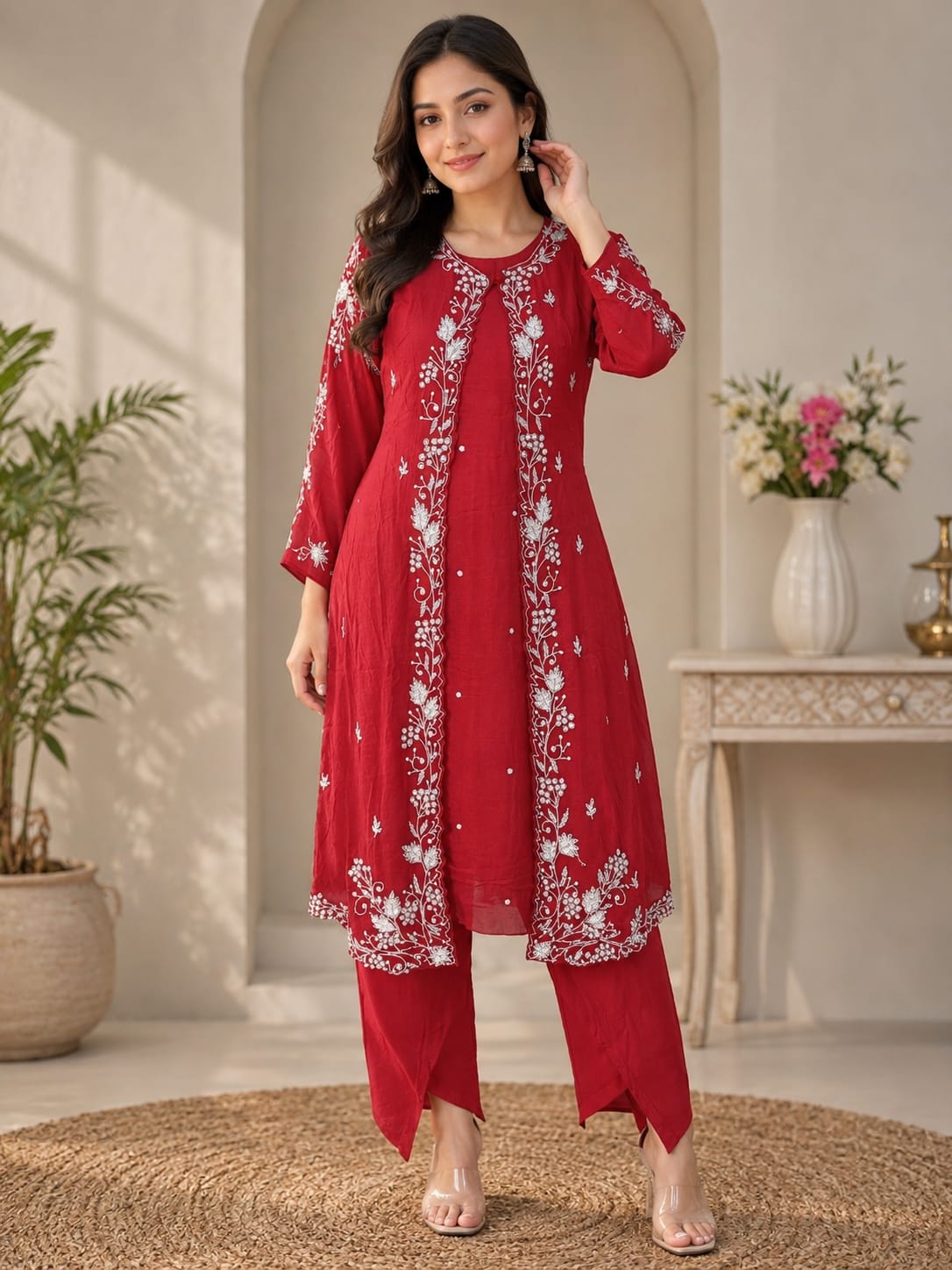 Red Embroidered Jacket and Kurta Set with Tulip Pants