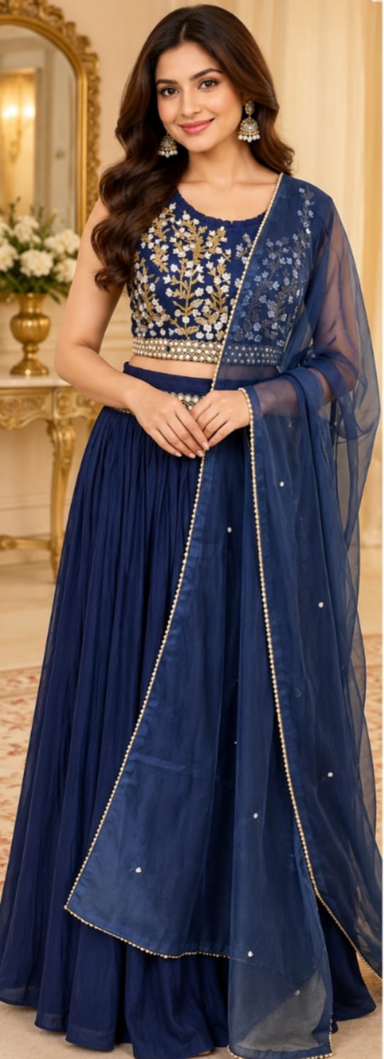 Navy Blue Embroidered Lehenga Choli Set with Dupatta