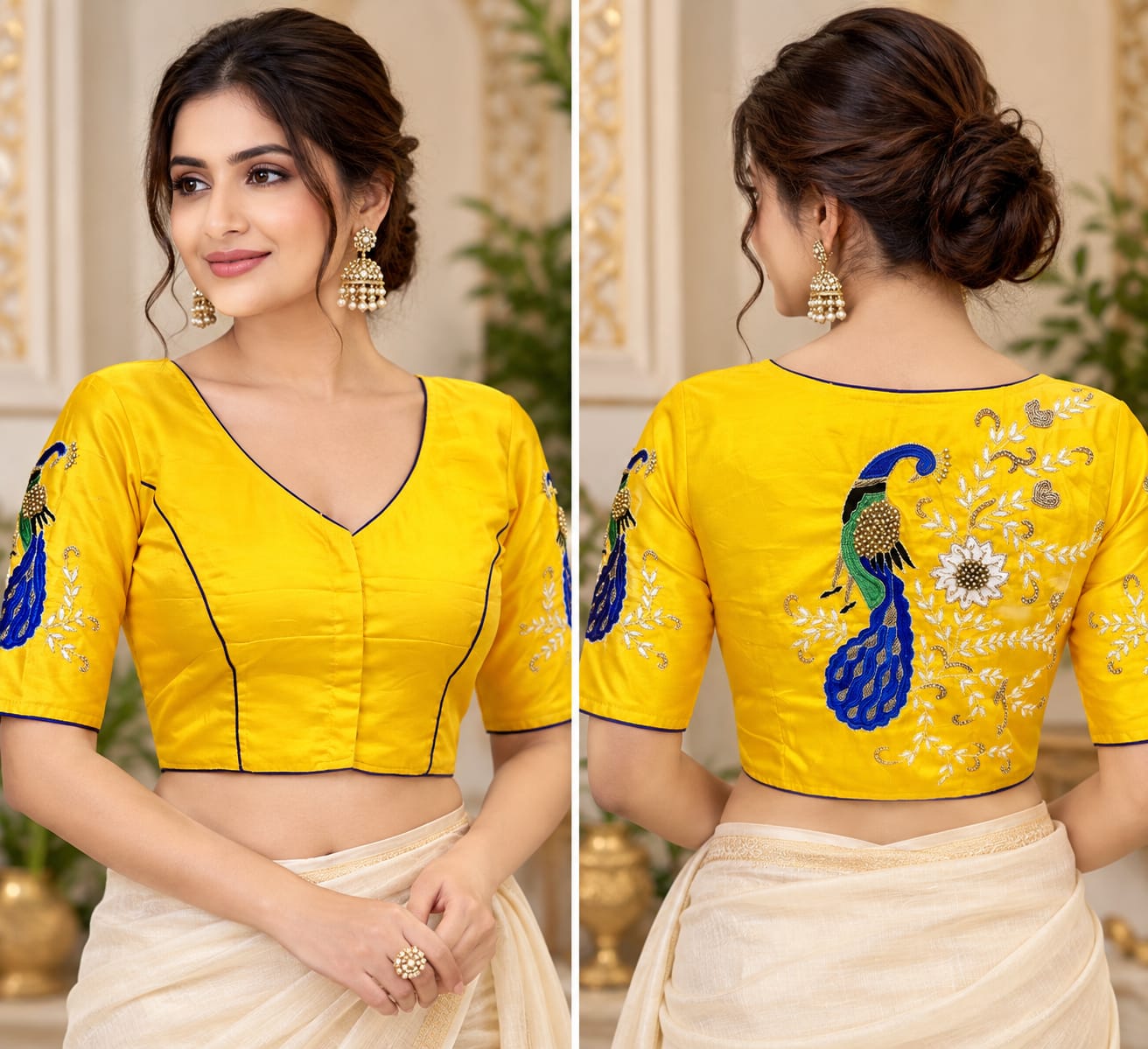 Vibrant Yellow Embroidered Saree Blouse with Peacock Motif