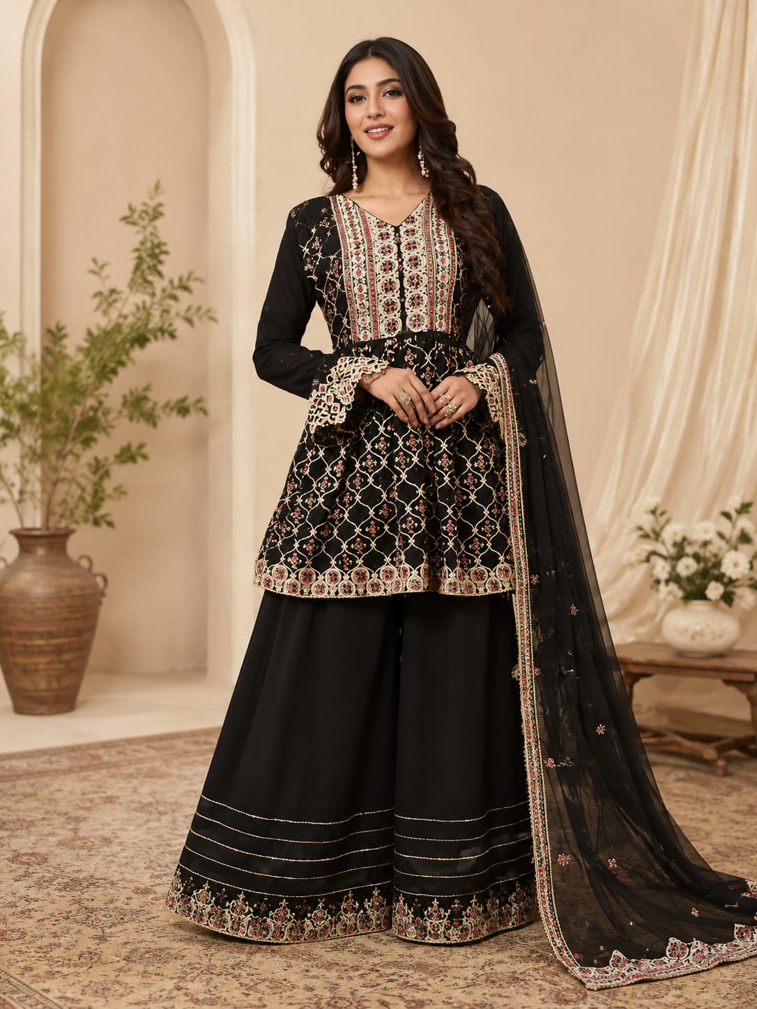 Black Embroidered Sharara Suit with Sheer Dupatta
