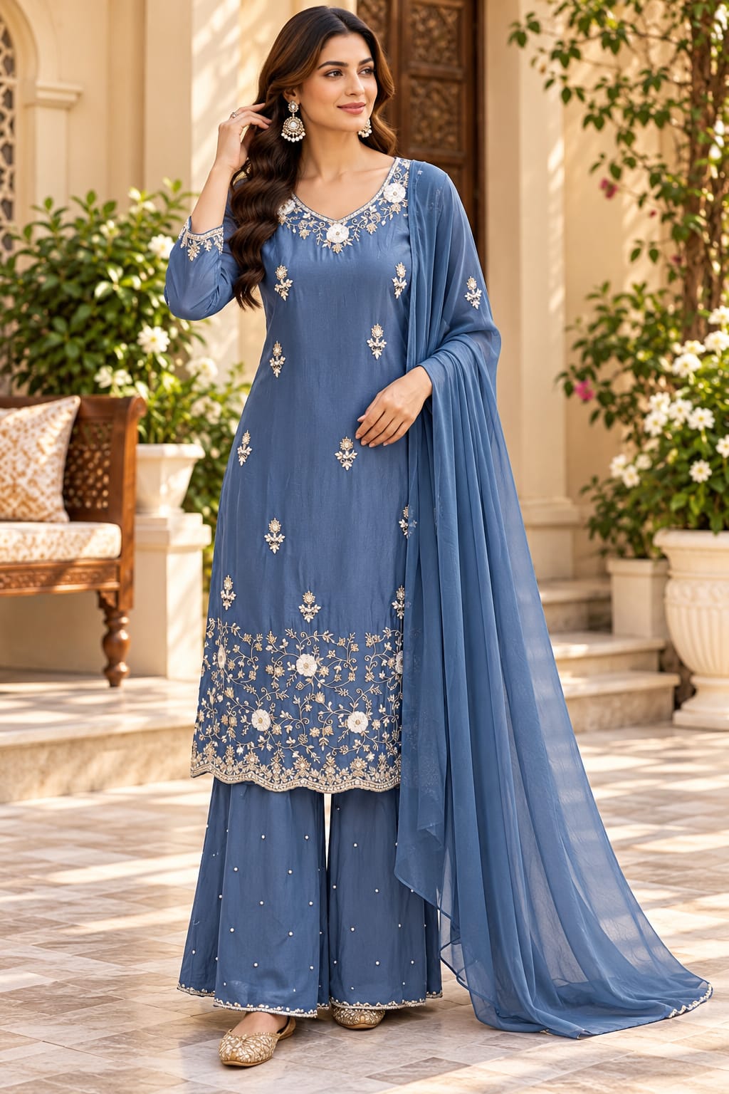 Dusty Blue Embroidered Kurta and Sharara Set with Dupatta