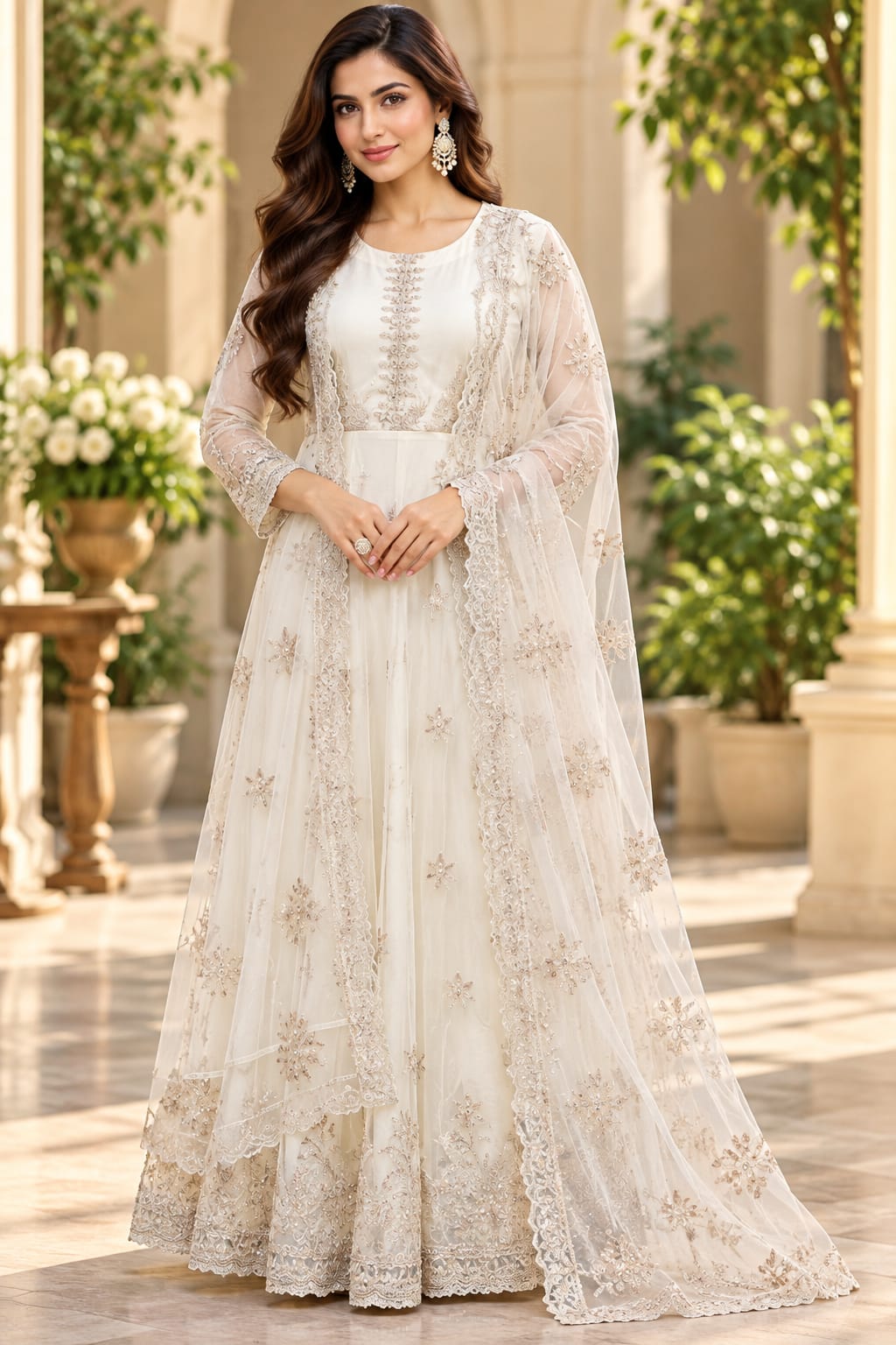 Off-White Embroidered Anarkali Gown with Dupatta