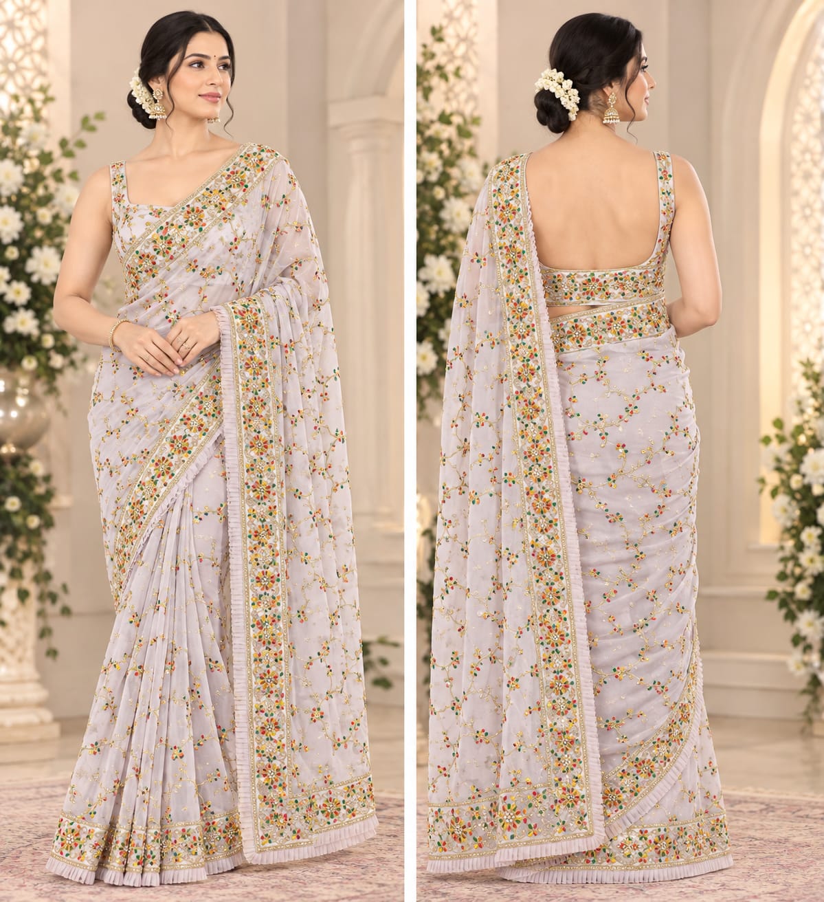 Elegant Lavender Floral Embroidered Saree Set