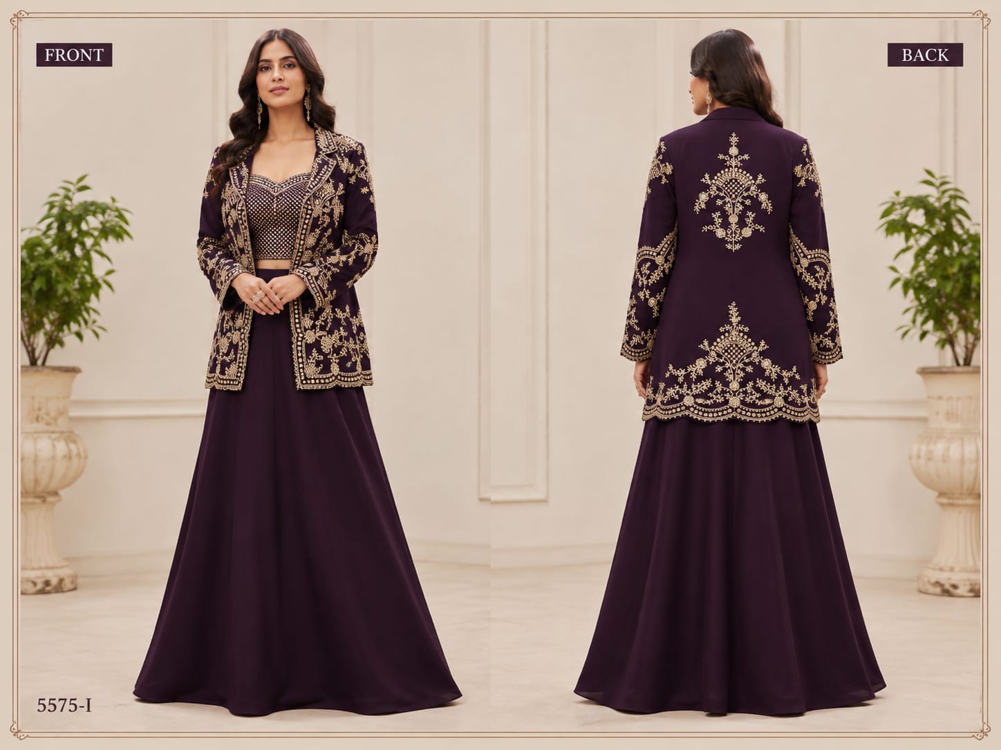 Dark Blue Embroidered Jacket and Skirt Set
