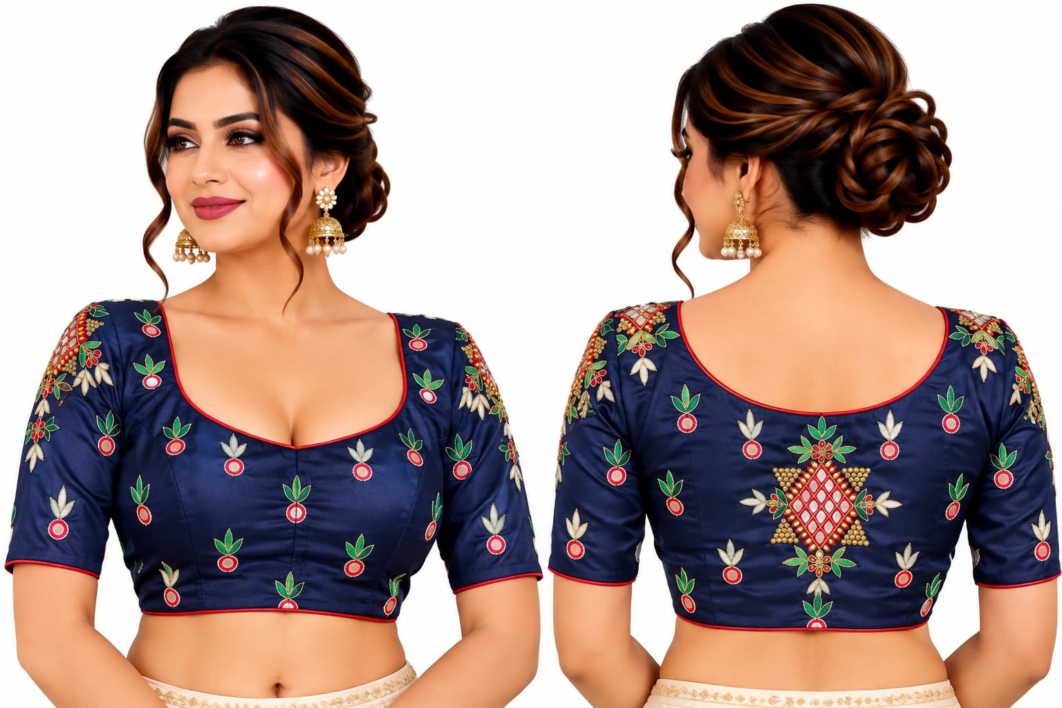 Navy Blue Embroidered Blouse with Mirror Work