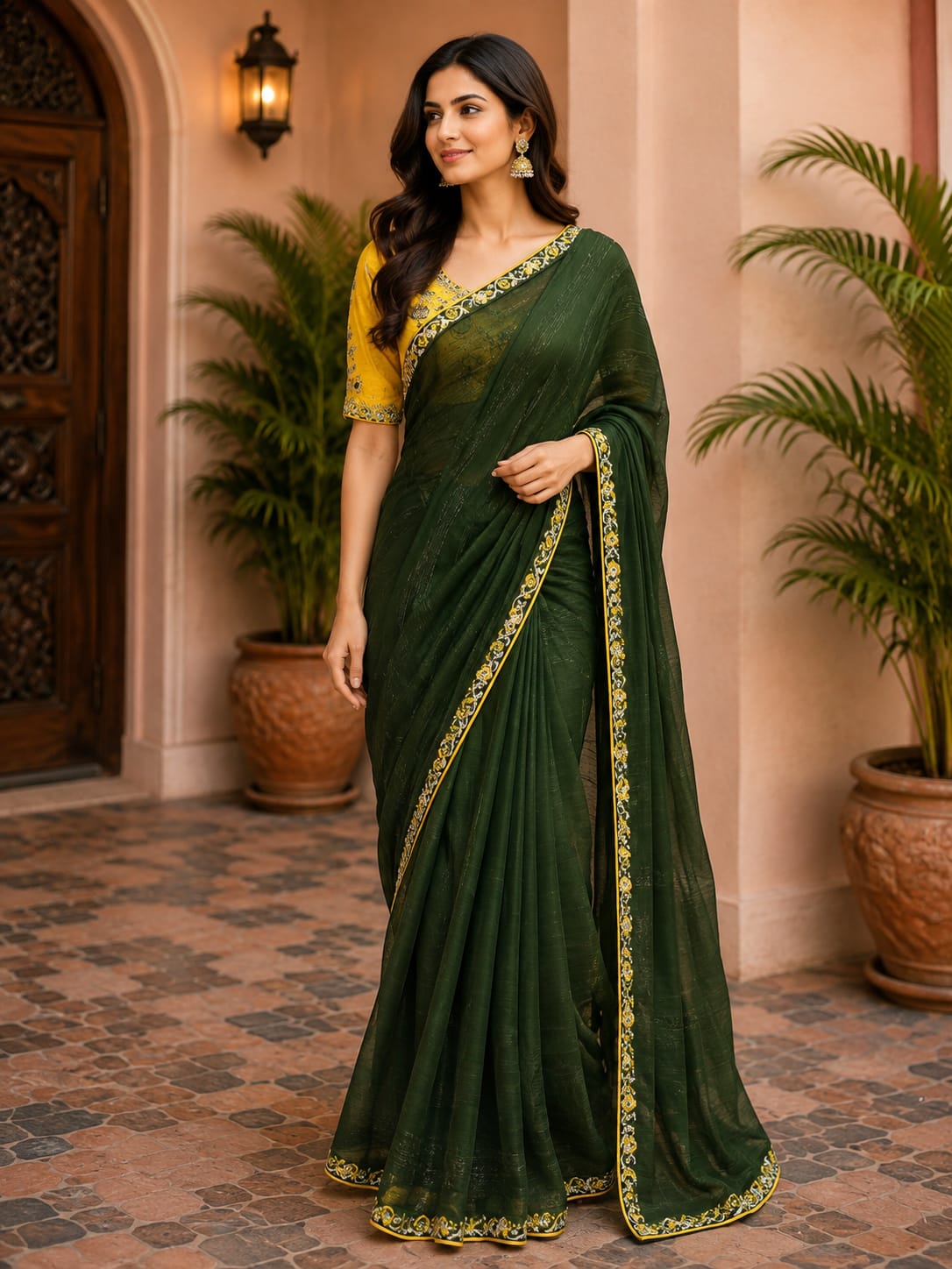 Elegant Dark Green Saree with Embroidered Border and Yellow Blouse